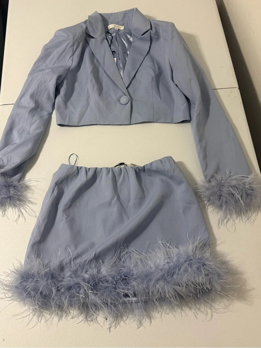 NWT 2PC Blue Gray Feather Trim Blazer Skirt Set Y2K Party Size M